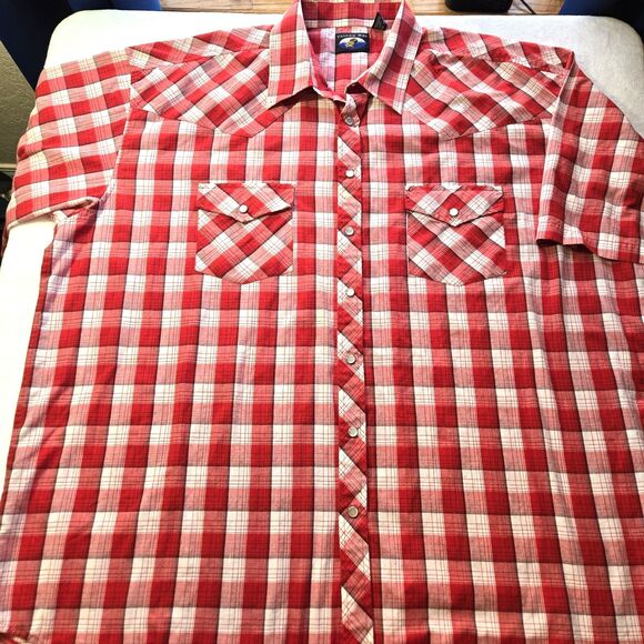 Falcon Bay Mens Red Plaid Pearl Snap Western Shirt 3XLT Pockets Short Sleeve - Picture 1 of 5